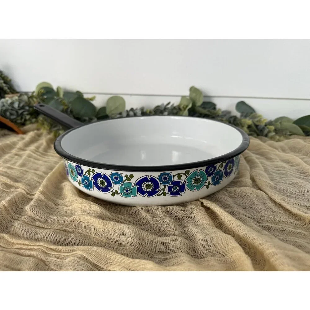70’s Laguna Blue‎ National Silver Company enameled porcelain pan floral cookware